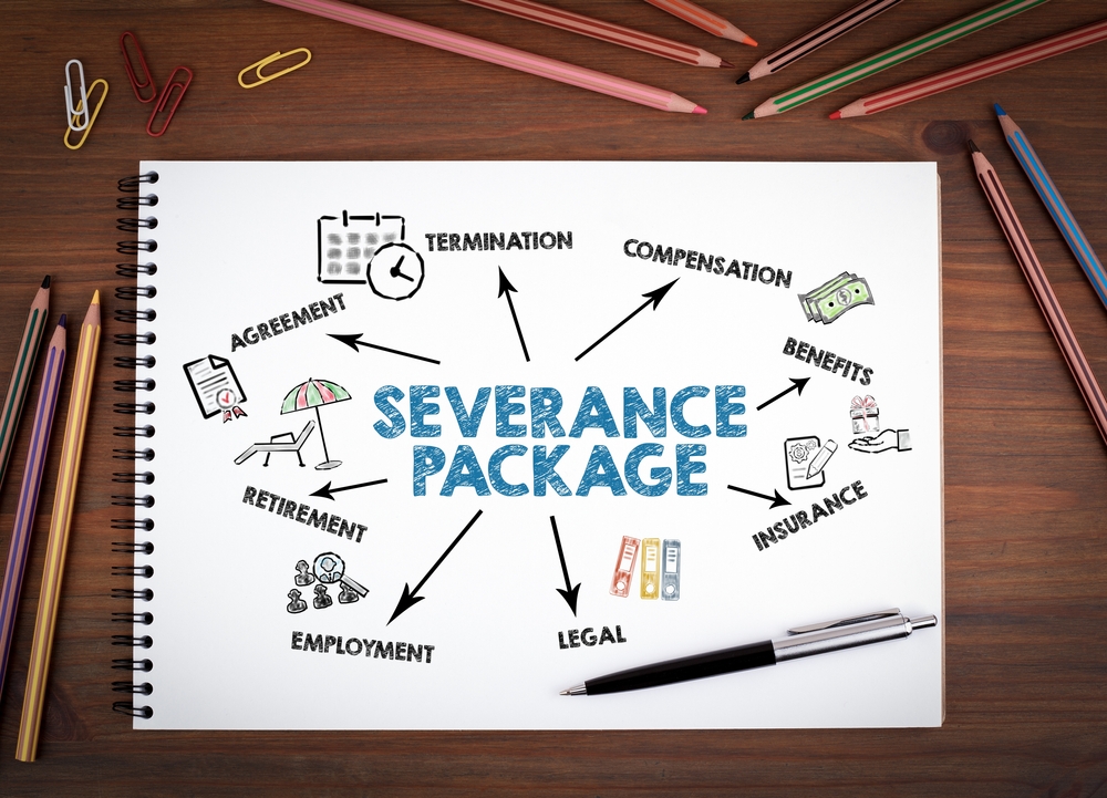 Notebook with "Severance Package" written in the center, surrounded by related terms and icons such as termination, benefits, and insurance.