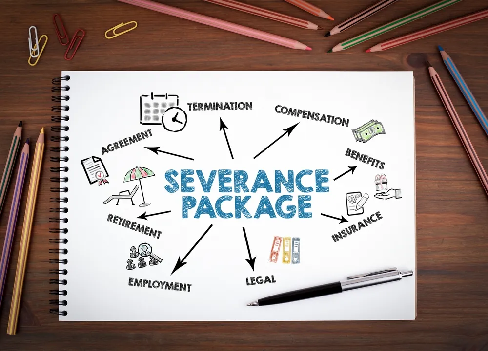 Notebook with "Severance Package" written in the center, surrounded by related terms and icons such as termination, benefits, and insurance.