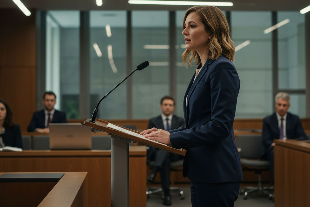 Employment lawyer speaking at a podium in court representing a Florida whistleblower